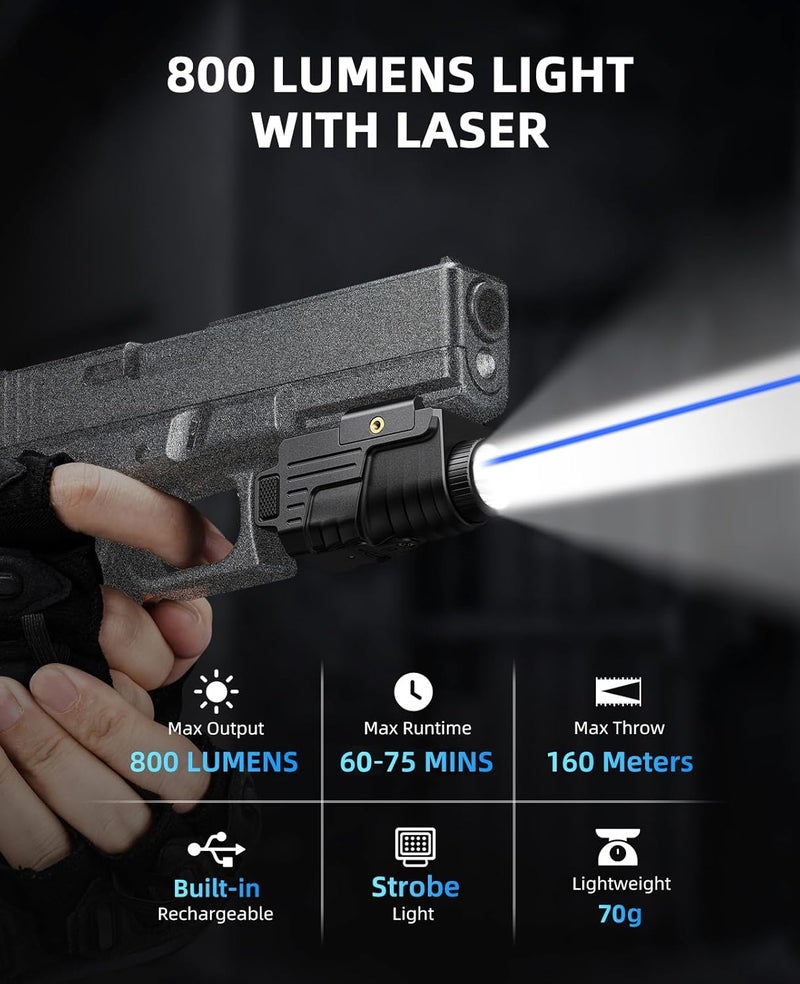 EZshoot 800 Lumens Pistol Light Laser Combo Rechargeable, Pistol Flashlight with Slidable Rail Compatible with Glock and Picatinny Rail, Tactical Flashlight with Blue Laser Beam - Image 2
